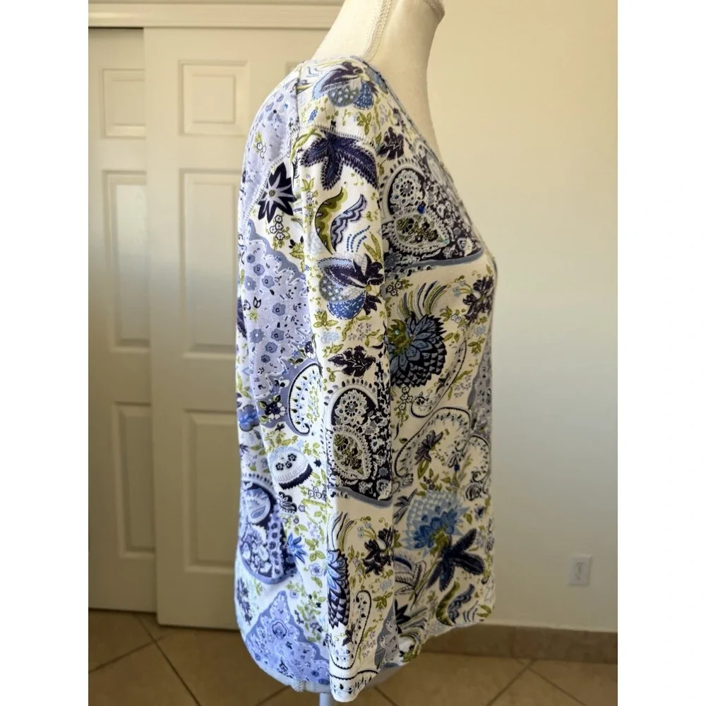 TeeCo Women's Size S/M Blue Paisley Floral 3/4 Sleeve Stretch Top Boho Casual